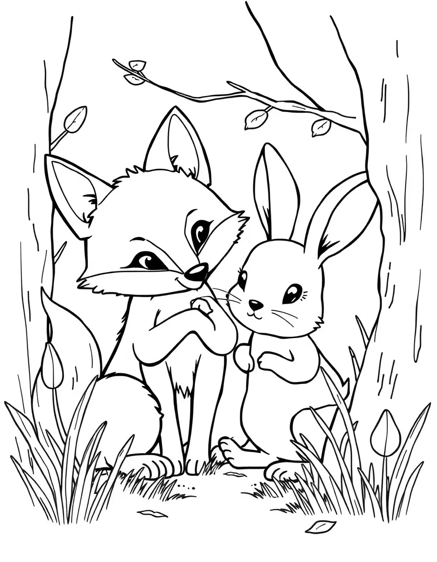 A fox kit and rabbit kit playing hide and seek