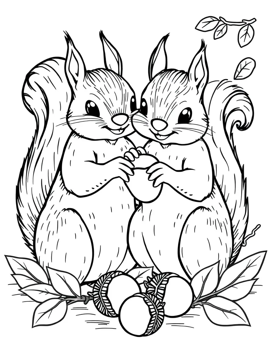 A pair of squirrel friends gathering acorns together