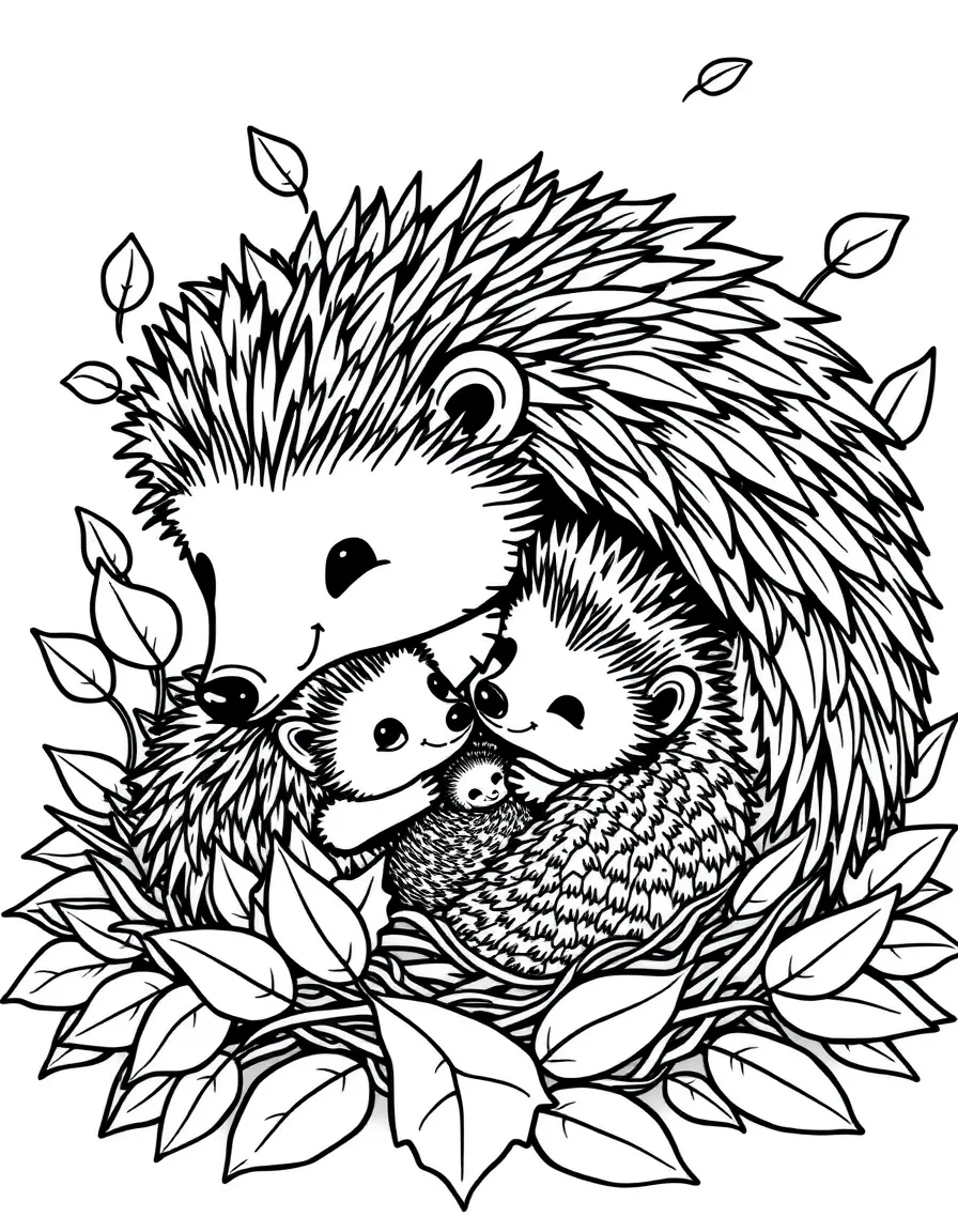 A hedgehog family snuggled in a leaf pile