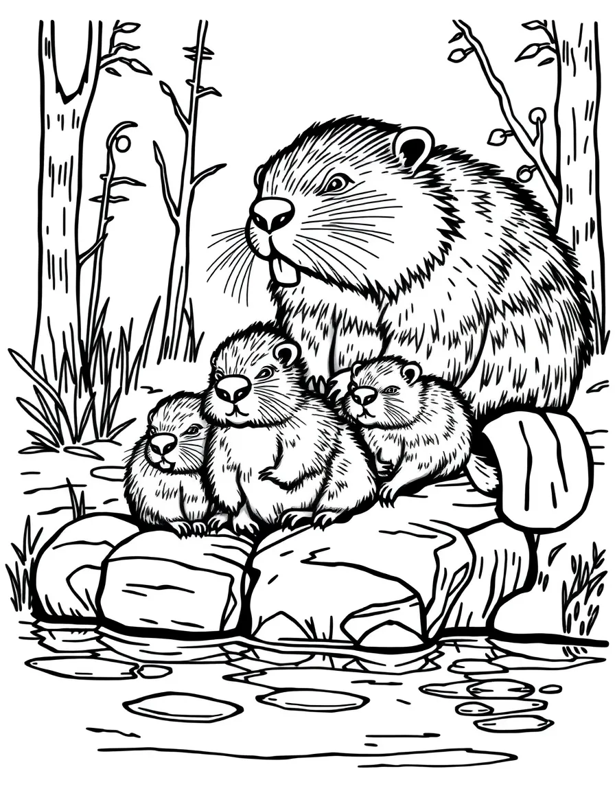 A beaver family building a dam together