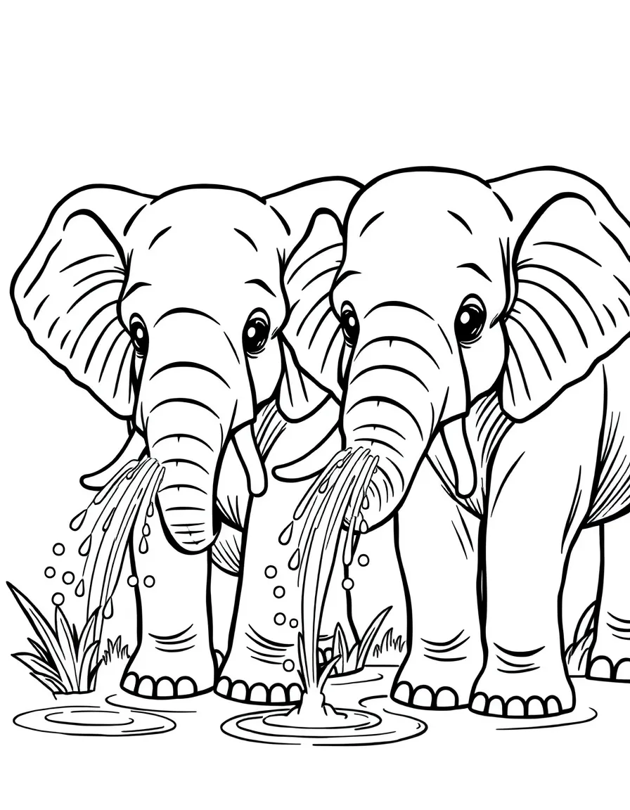 A pair of elephant friends spraying water with their trunks