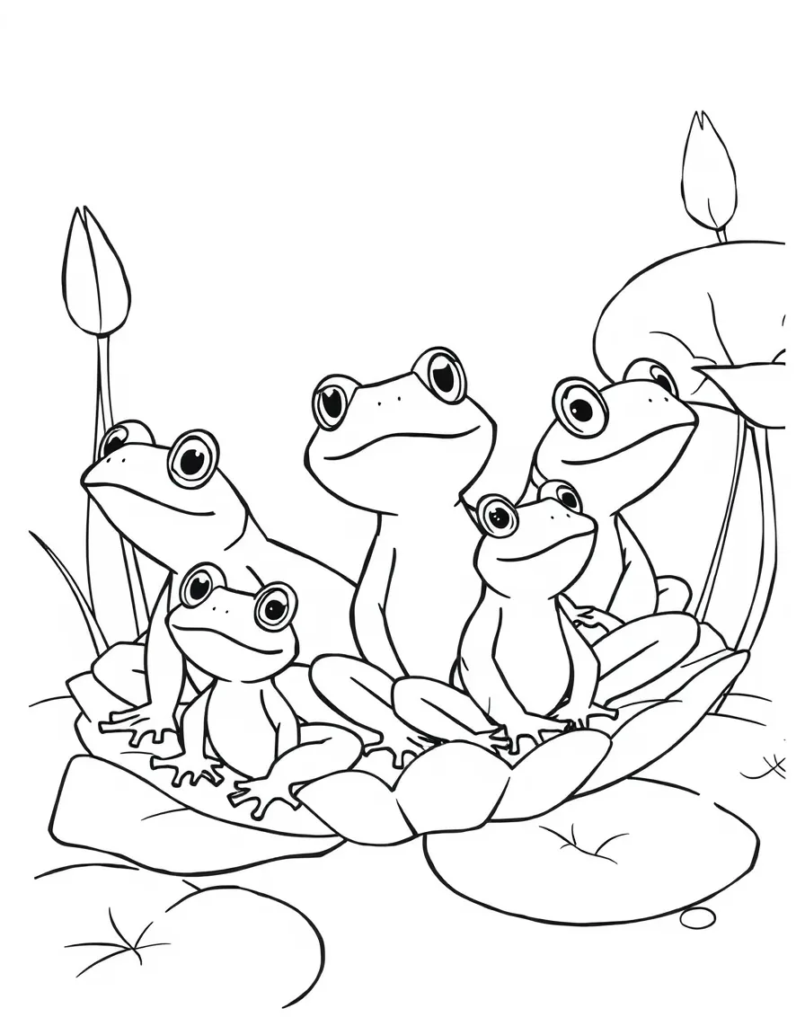 A family of frog siblings on different lily pads