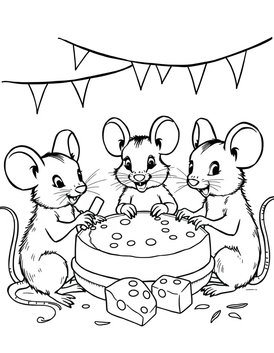 A group of mouse friends having a cheese party