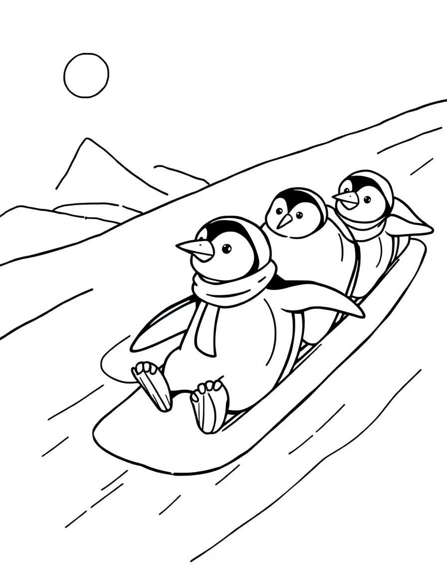 A group of penguin tobogganers sliding down an ice hill