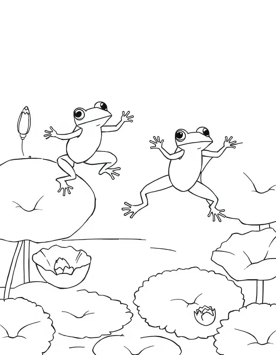 A group of frog long-jumpers between lily pads