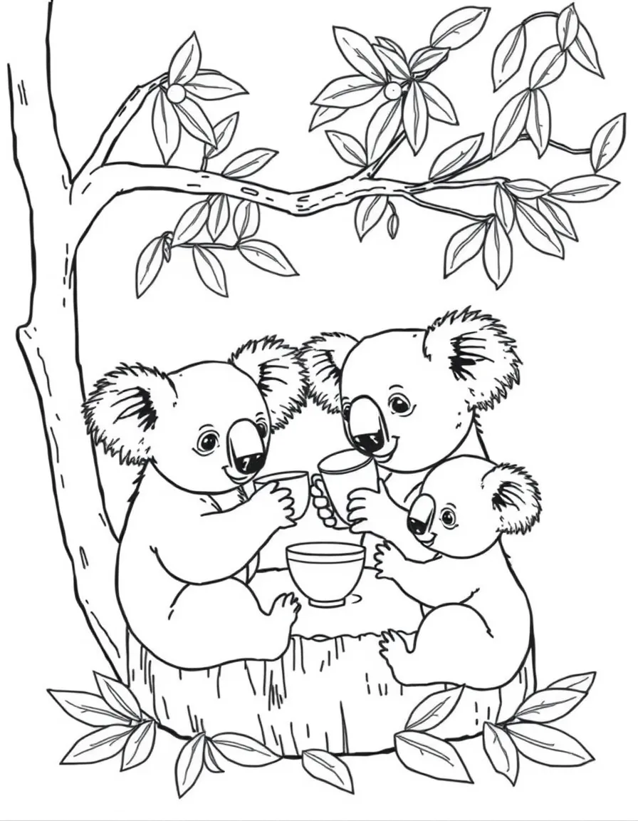 A family of koalas having a eucalyptus tea party