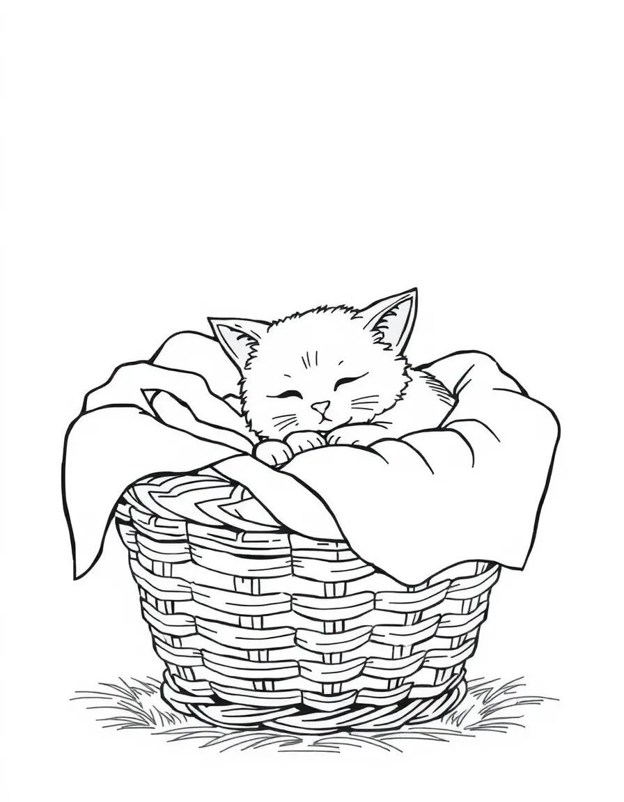 A sleeping cat nestled in a basket of warm laundry