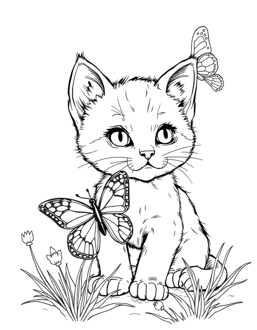 A curious kitten encountering a butterfly