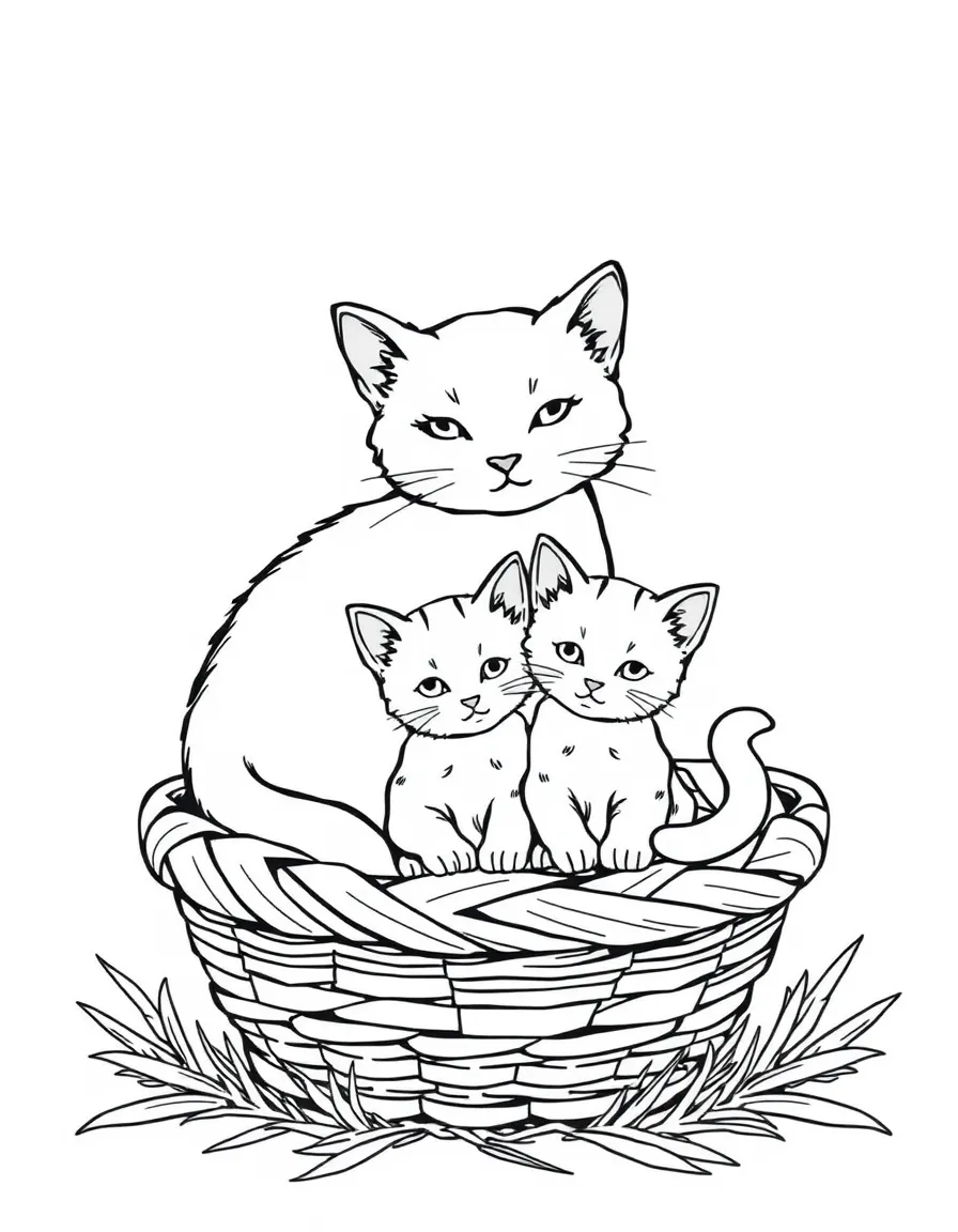 A family of cats - mother and kittens in a cozy basket