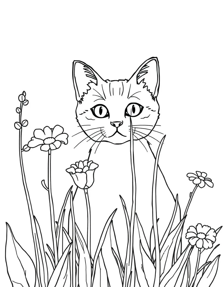 A cat peering through tall garden flowers