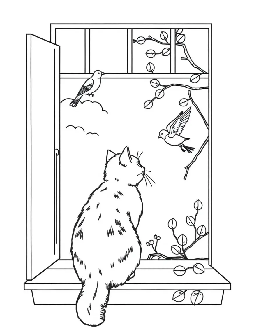 A cat watching birds from a window perch