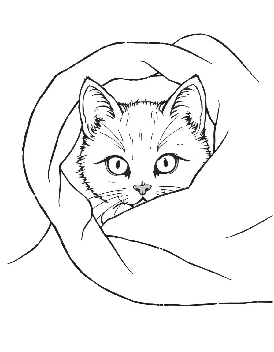A cat hiding under a blanket, just eyes peeking out
