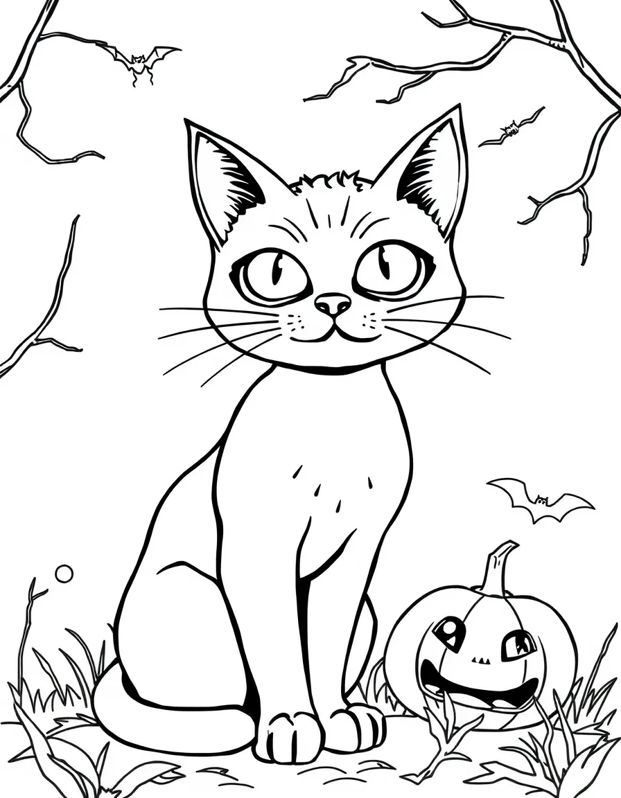 A black cat with glowing eyes in a Halloween scene