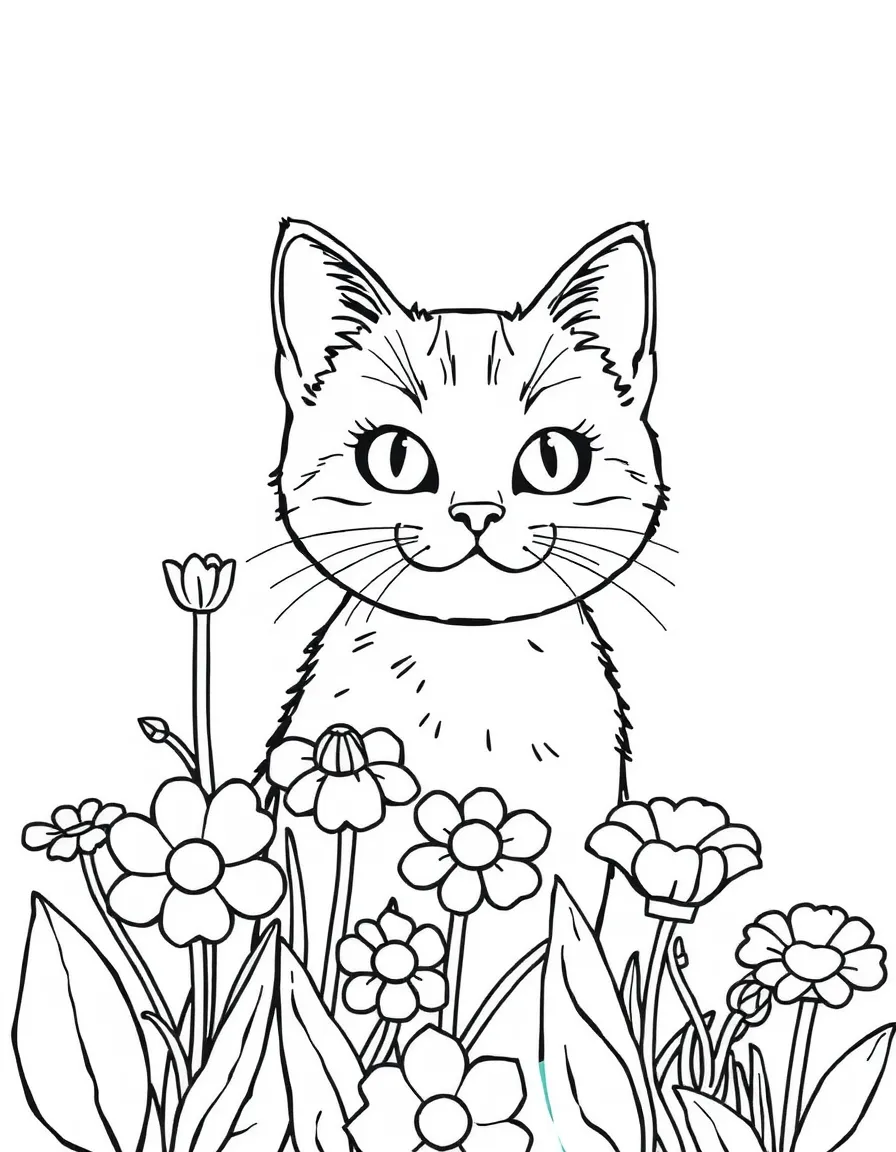 A cat peeking out from a flower garden