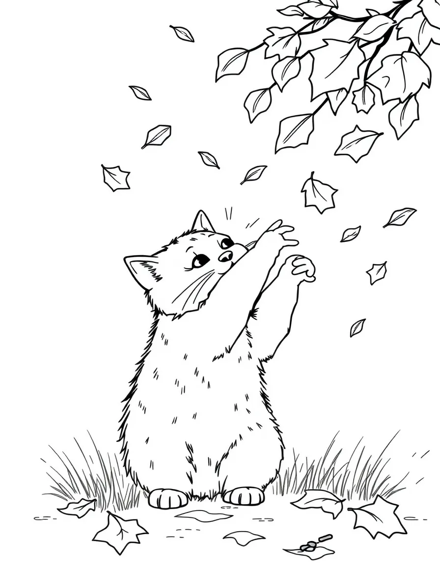A cat batting at falling autumn leaves