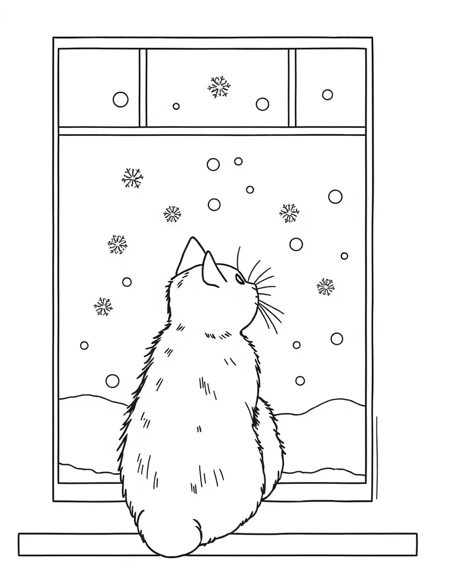 A cat watching snowflakes from a window
