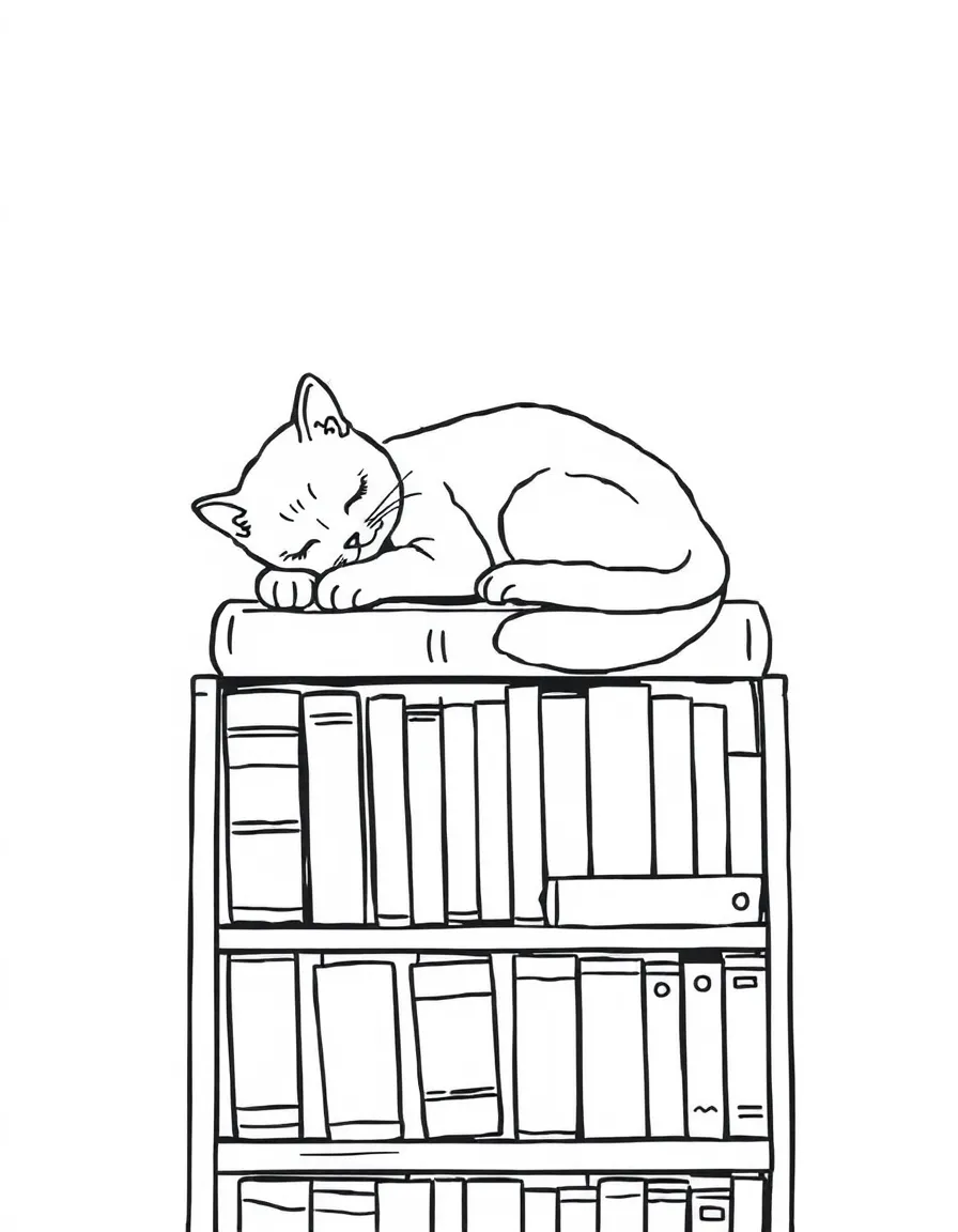 A cat sleeping on top of a bookshelf