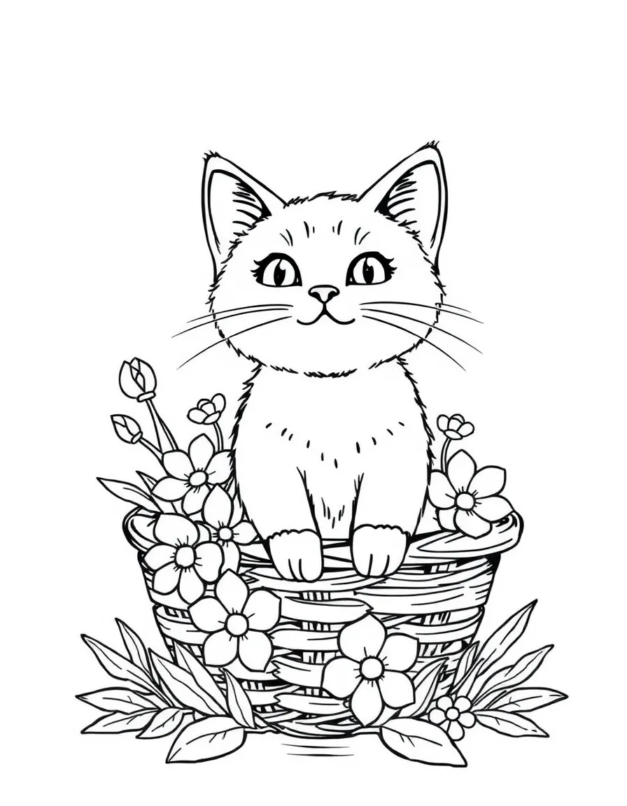 A cat in a basket of flowers