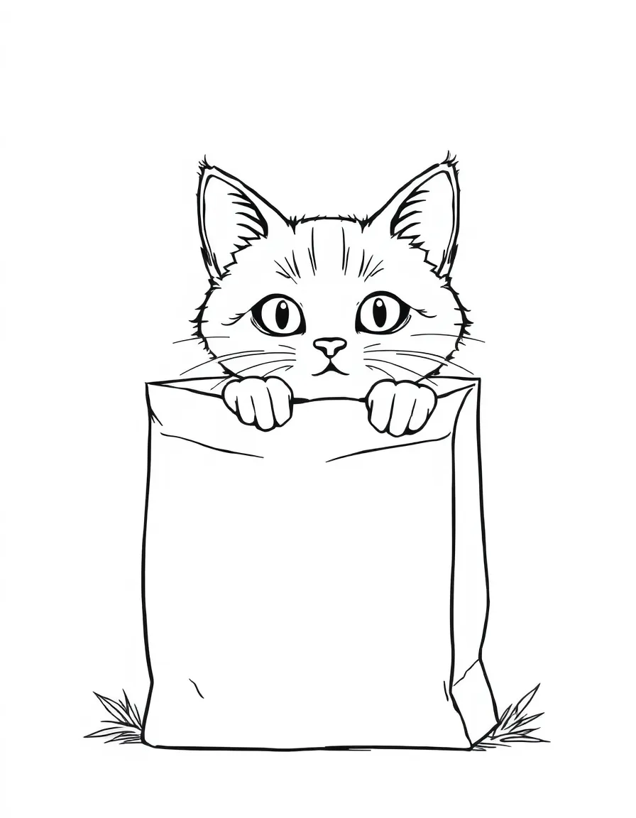 A cat hiding in a paper bag