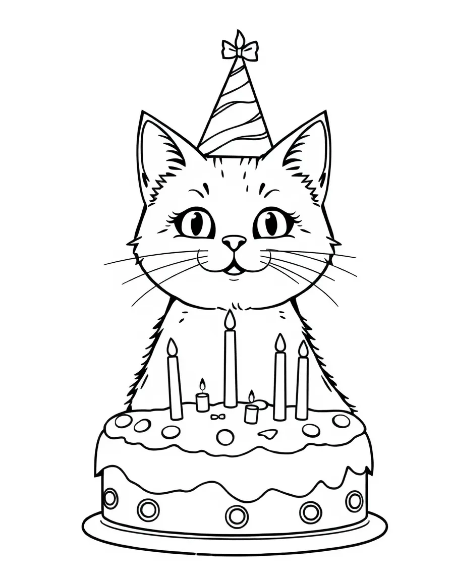A cat with a birthday cake and party hat
