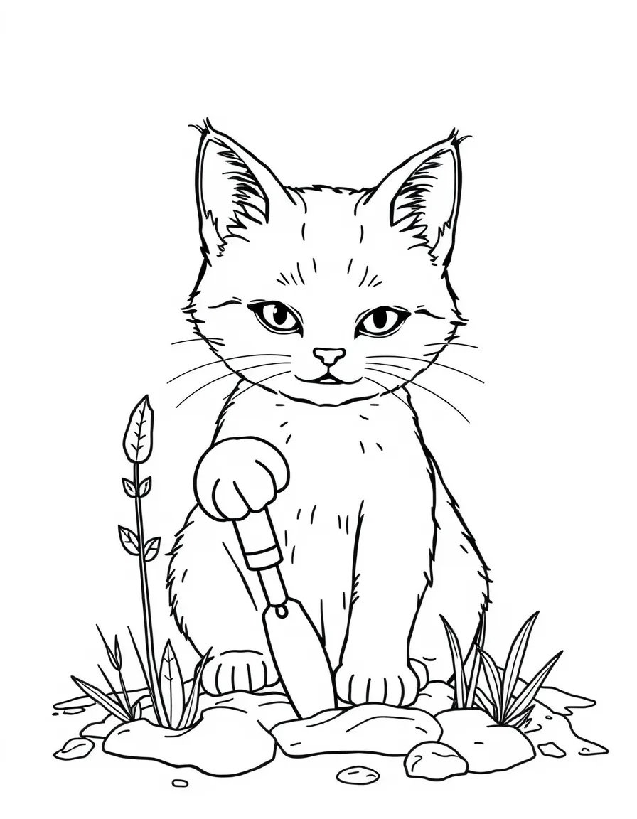 A cat gardening with tiny tools