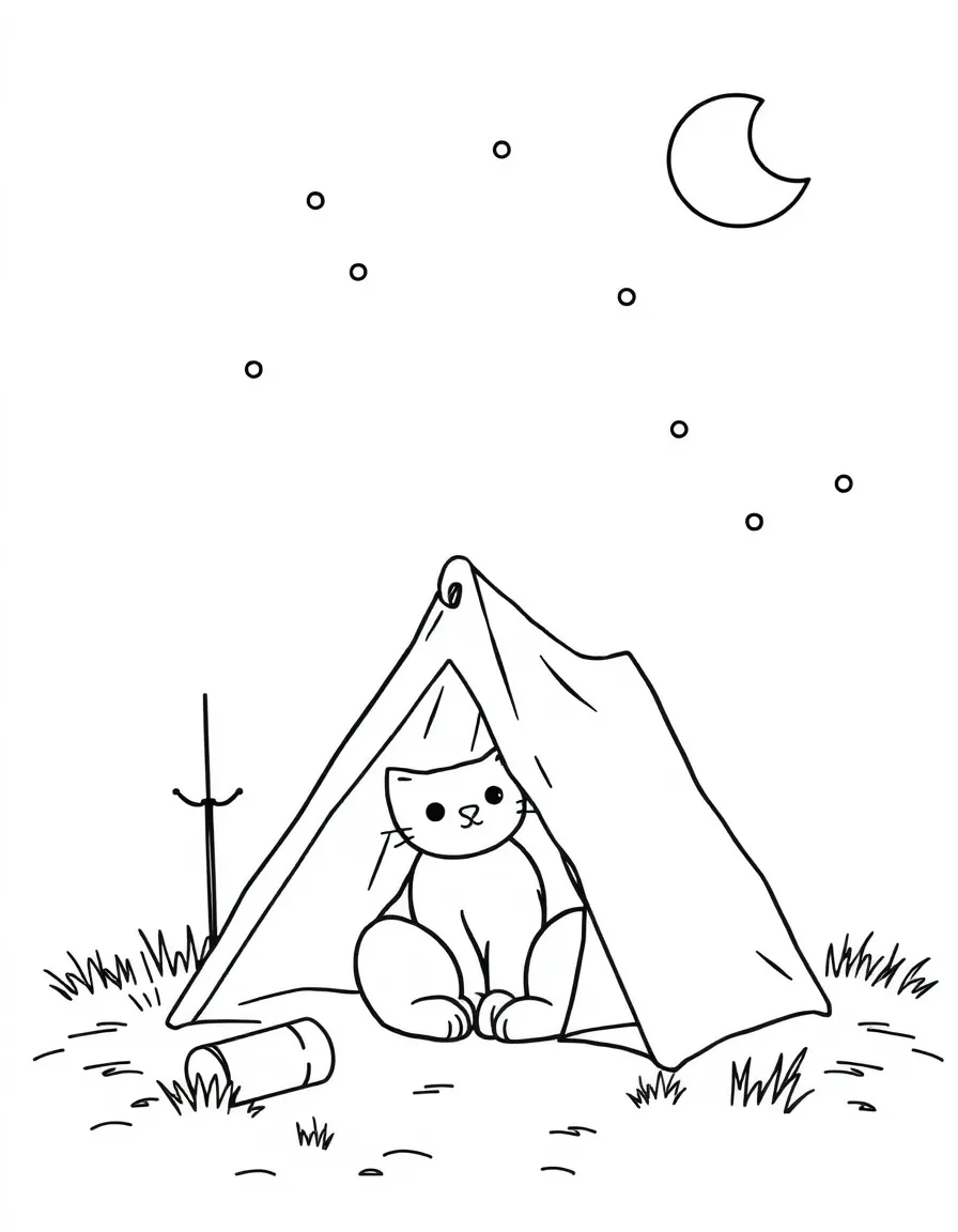A cat camping with a little tent