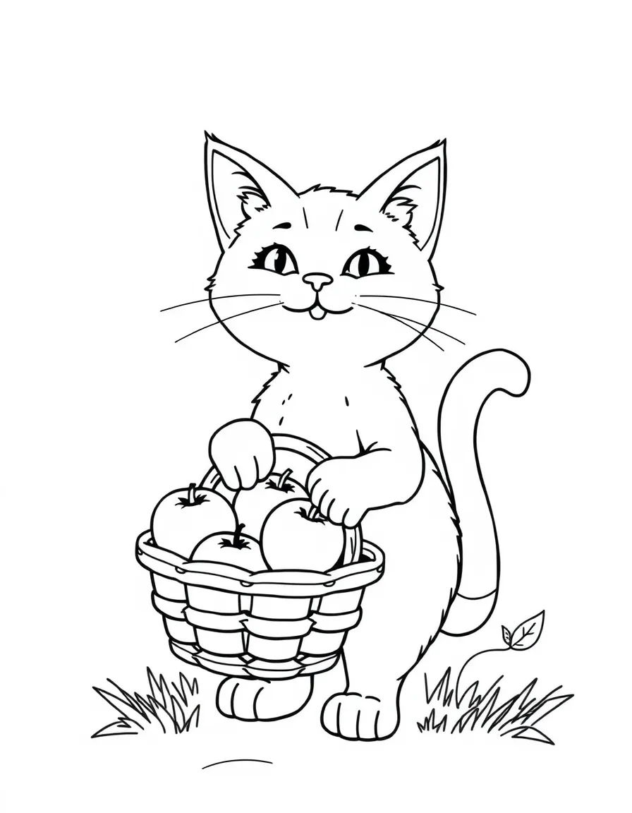A cat carrying a basket of apples