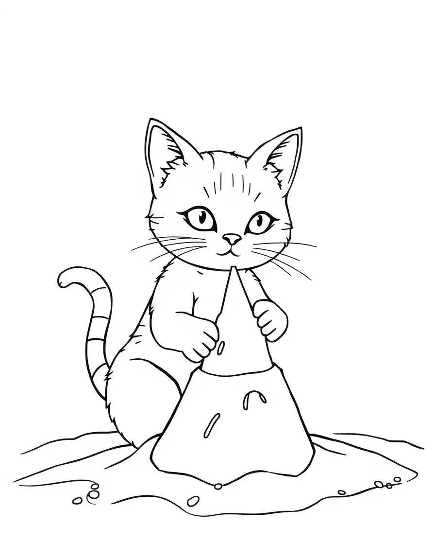 A cat building a sandcastle