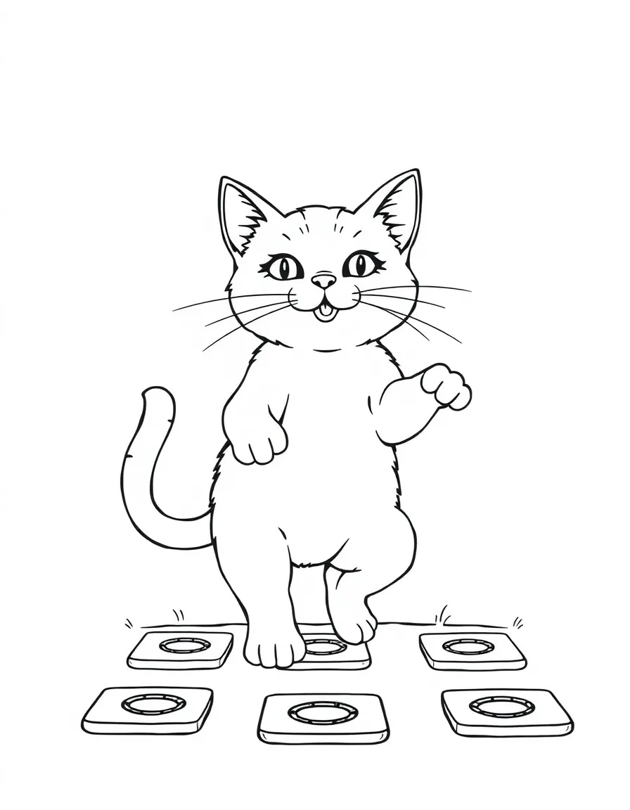 A cat playing hopscotch