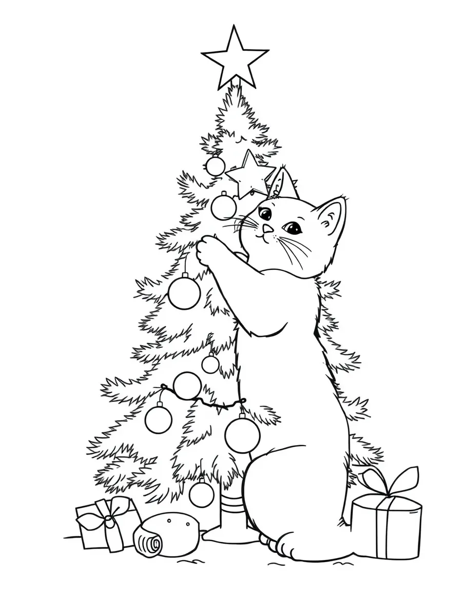 A cat decorating a Christmas tree