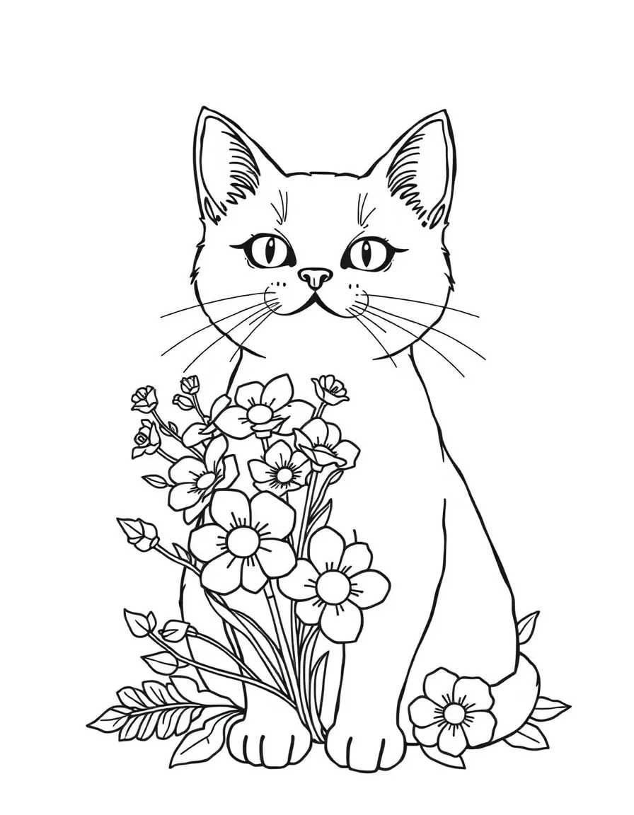 A cat with a bouquet of flowers