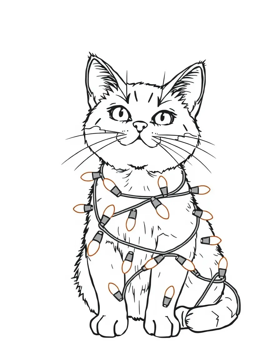 A cat wrapped in Christmas lights