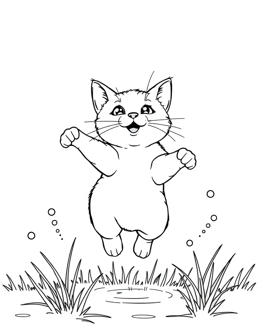 A cat jumping through sprinklers