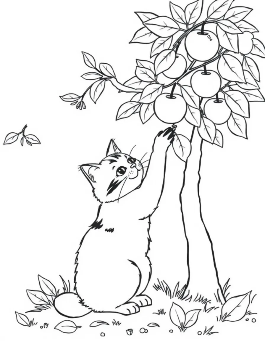 A cat picking apples from a tree