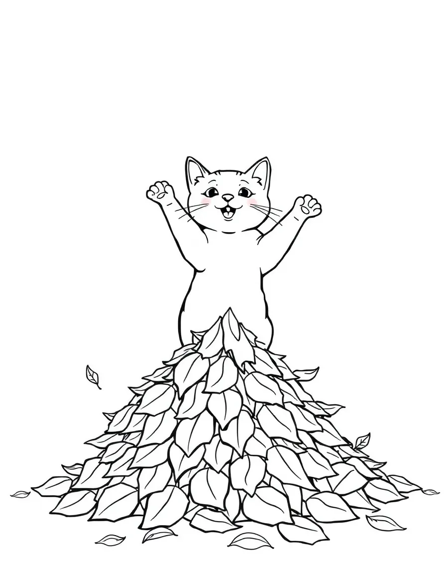 A cat making a leaf pile and jumping in