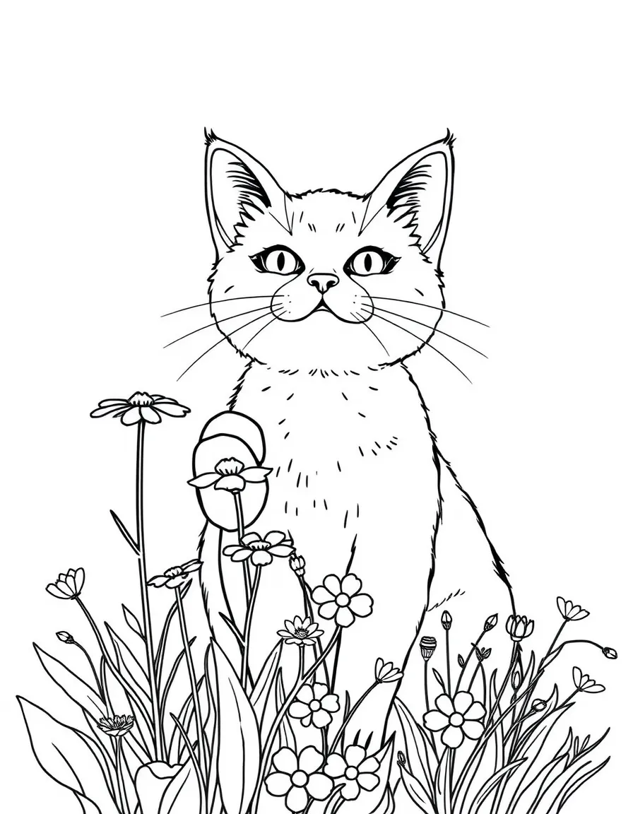 A cat picking wildflowers