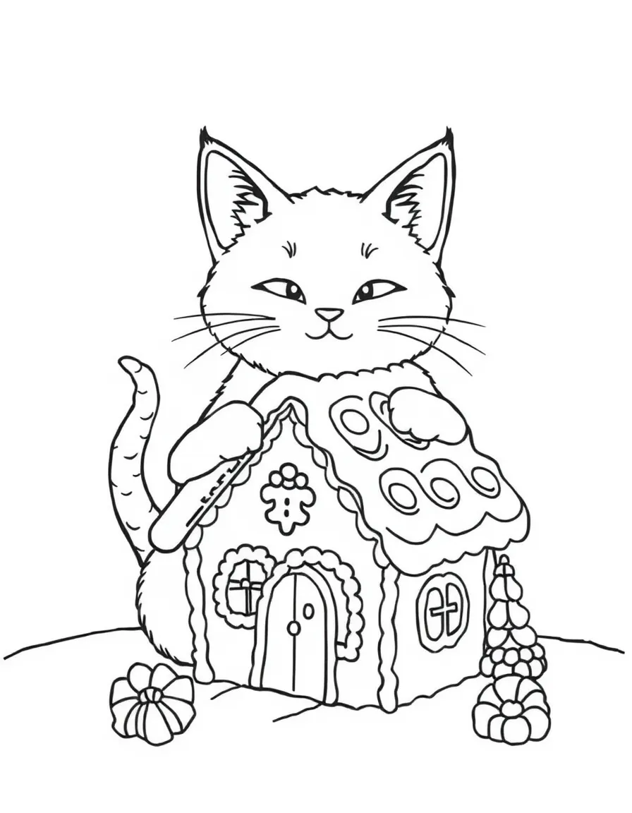 A cat making a gingerbread house