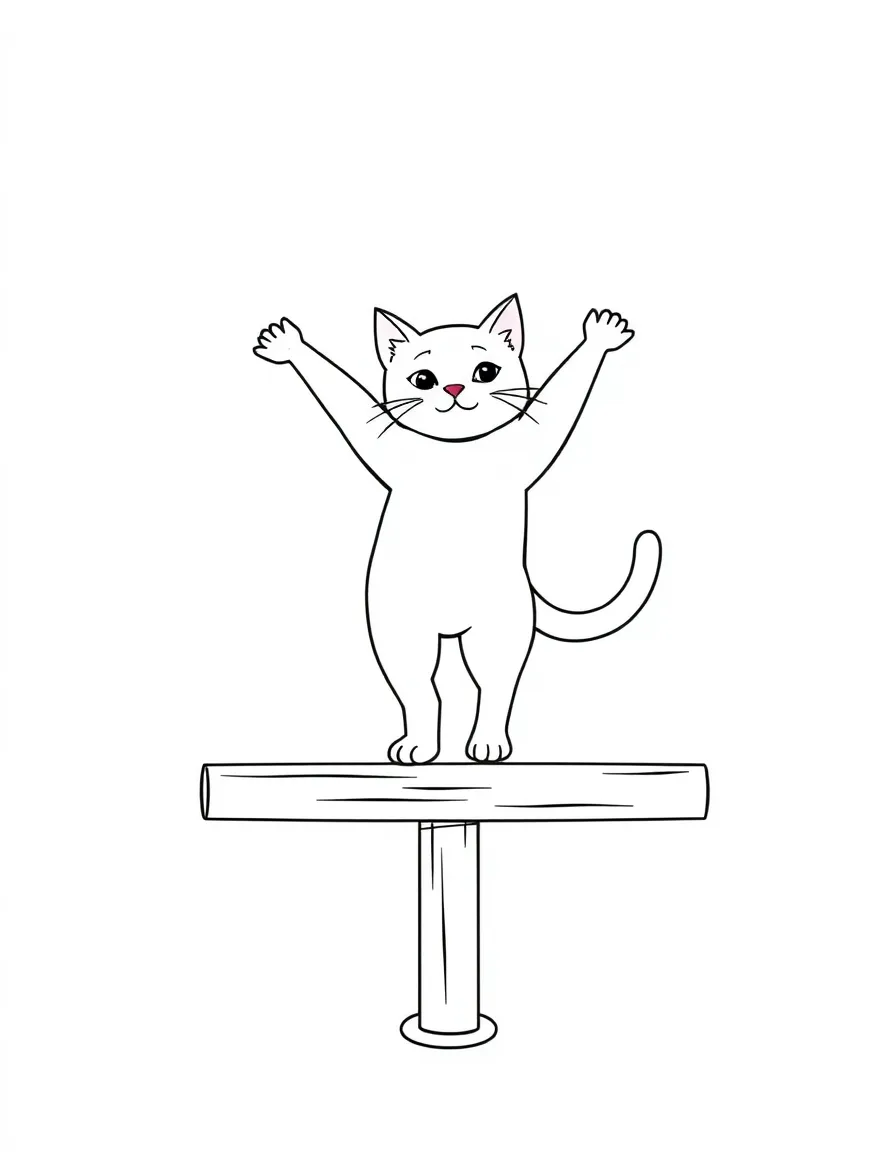 A cat doing gymnastics on a balance beam