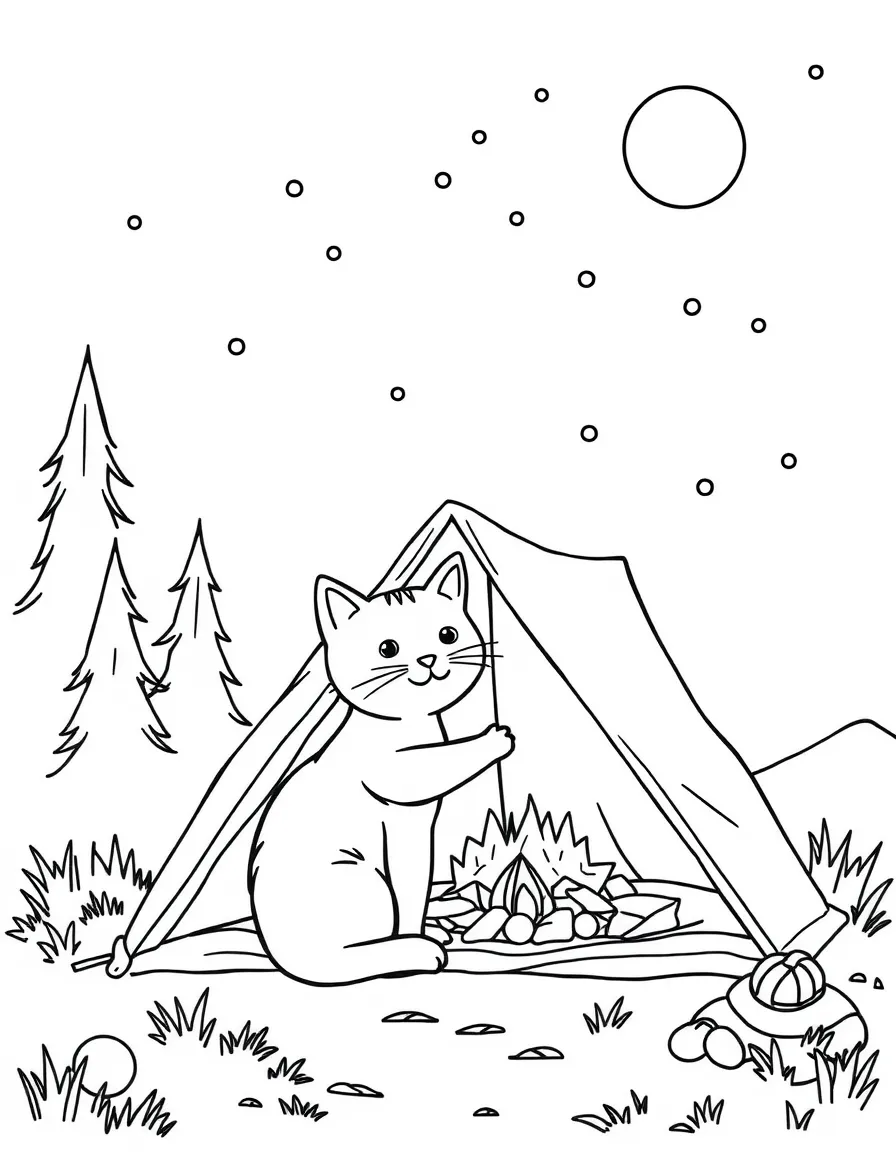 A cat setting up a tent while camping