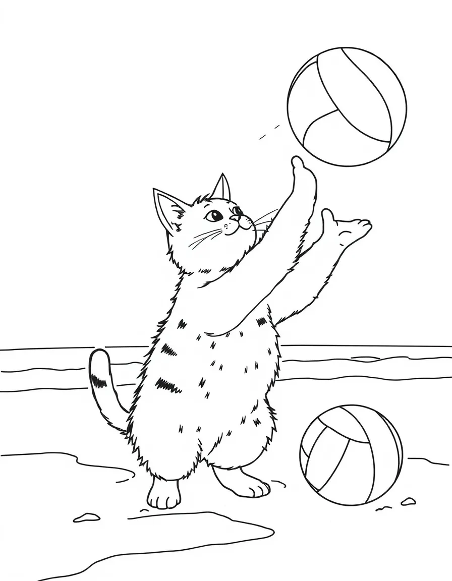 A cat playing volleyball at the beach