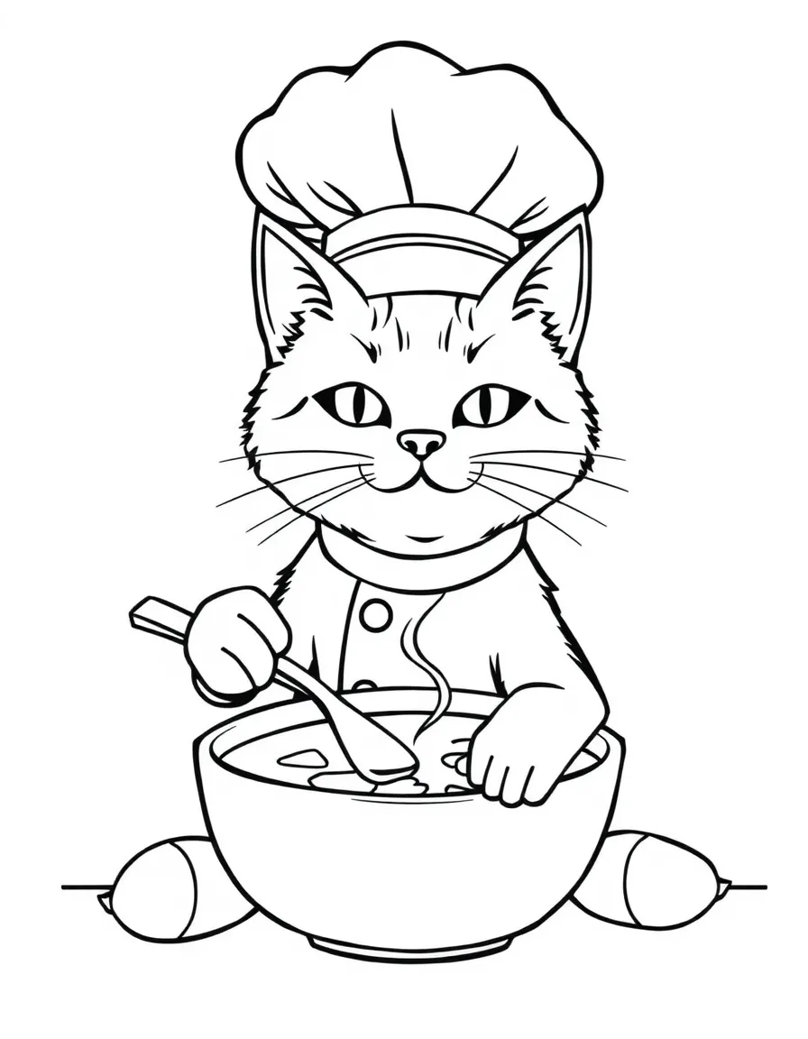A cat in a chef's hat making soup