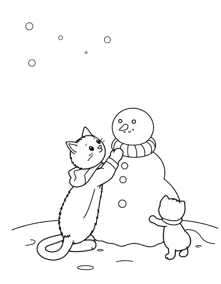 A cat building a snowman family