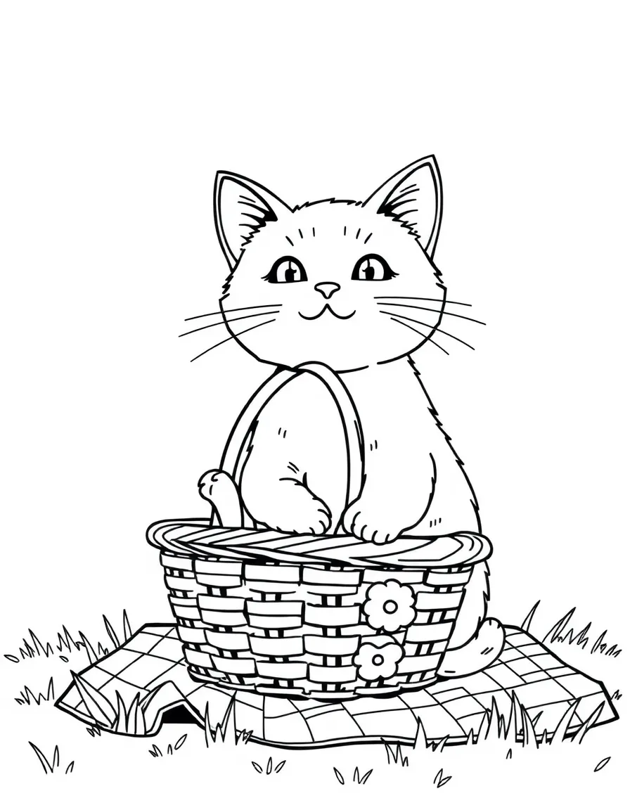 A cat with a picnic basket and blanket