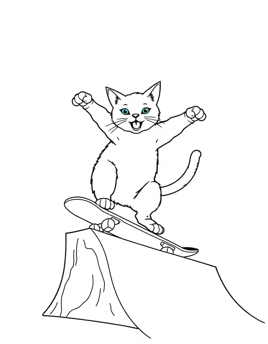 A cat doing tricks on a skateboard ramp