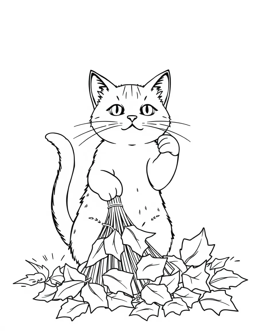 A cat raking autumn leaves