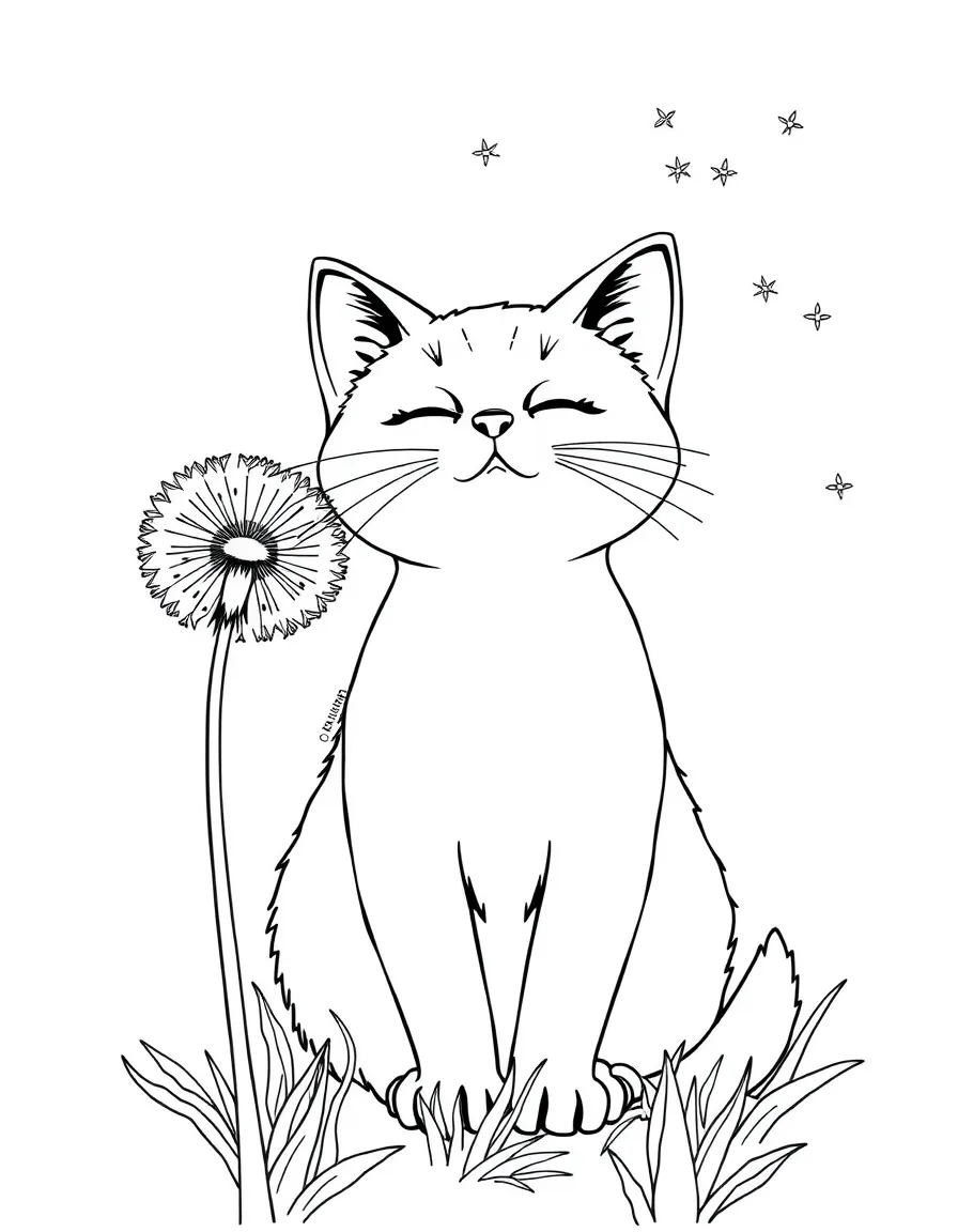 A cat making a wish on a dandelion