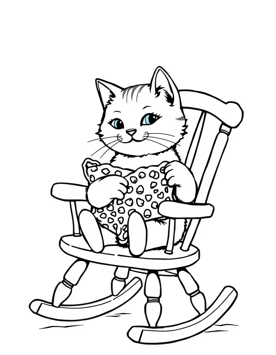 A cat in a rocking chair with knitting