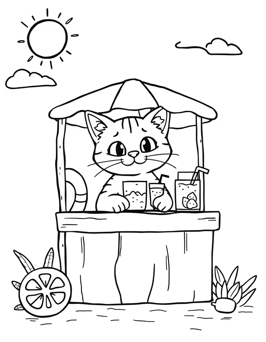 A cat with a lemonade stand on a hot day
