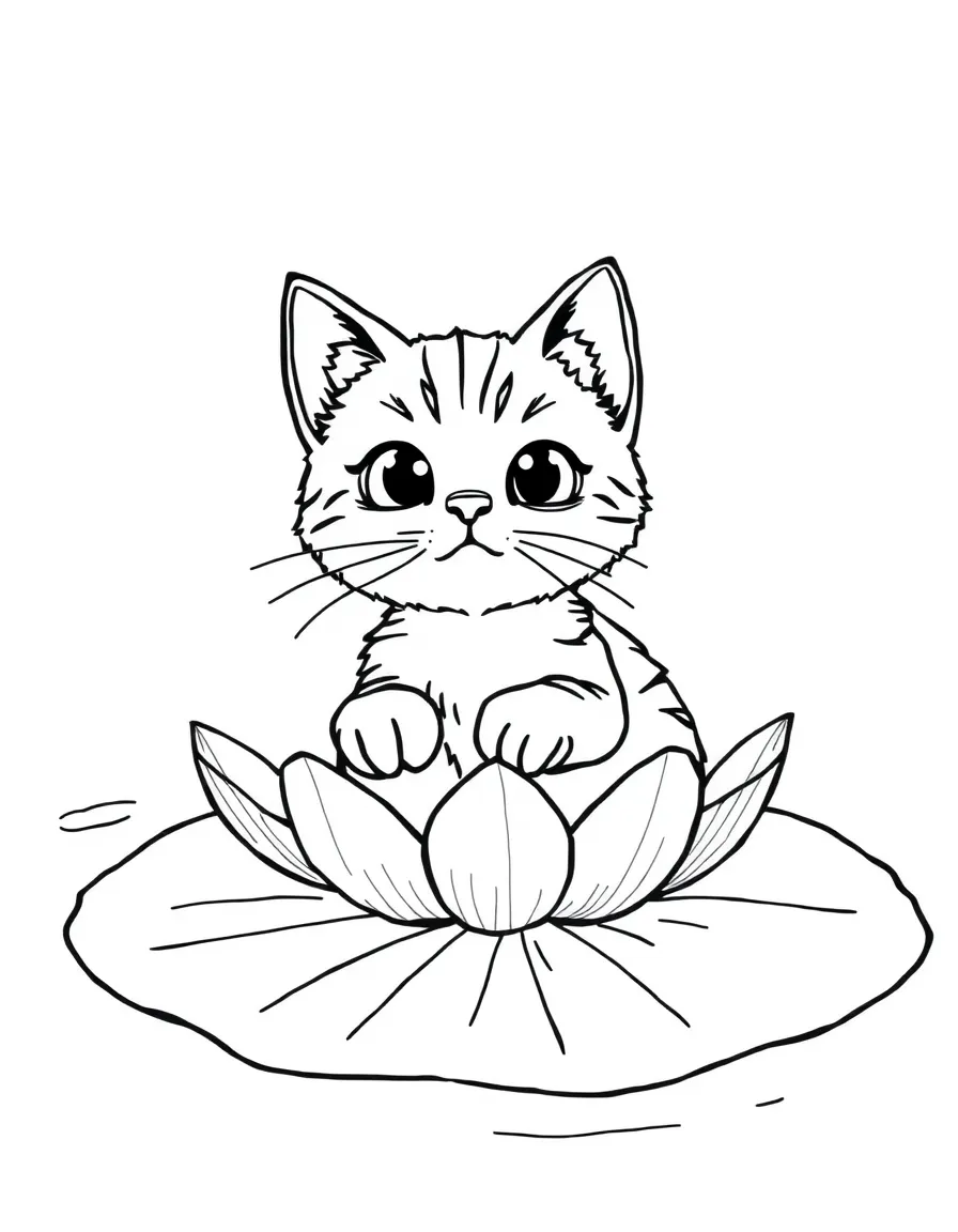 A cat floating on a lily pad