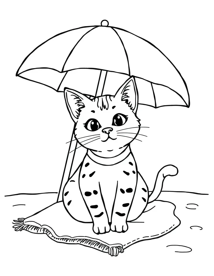A cat having a beach day with towel and umbrella